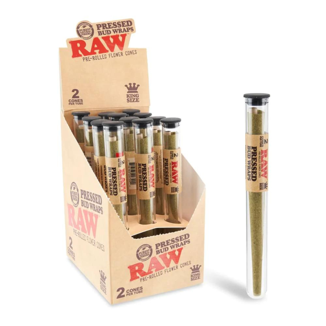 RAW Pressed Bud Wraps — King Size Cones (12-Tube Display)